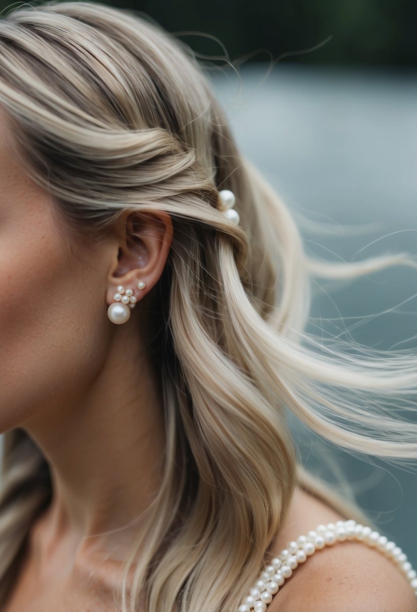 A close-up of delicate pearl studs against flowing hair, evoking understated elegance for a wedding