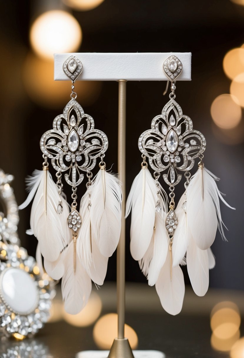 A pair of elaborate feather chandelier earrings, reminiscent of the 1920s, dangle from a jewelry stand, catching the light with their intricate design and delicate feathers