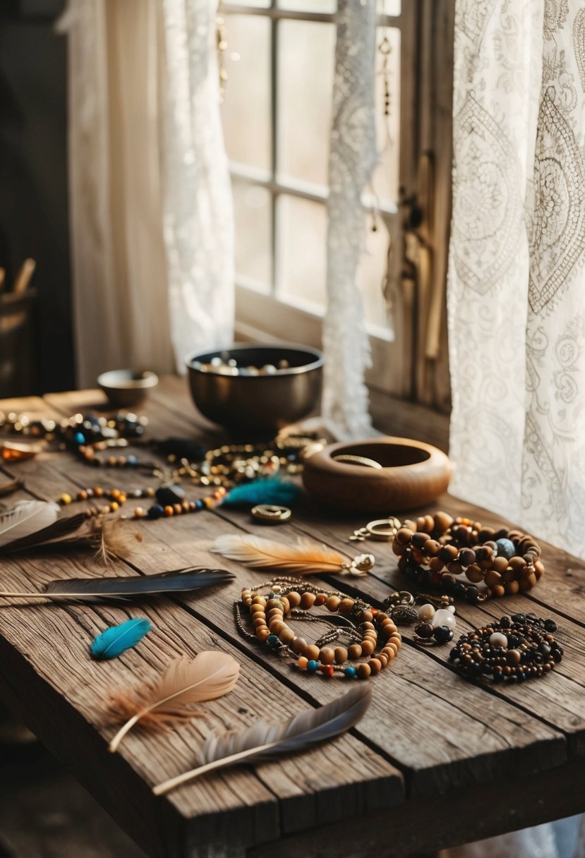 A rustic wooden table with scattered feathers, beads, and vintage jewelry. Sunlight filters through a lace curtain onto the eclectic collection