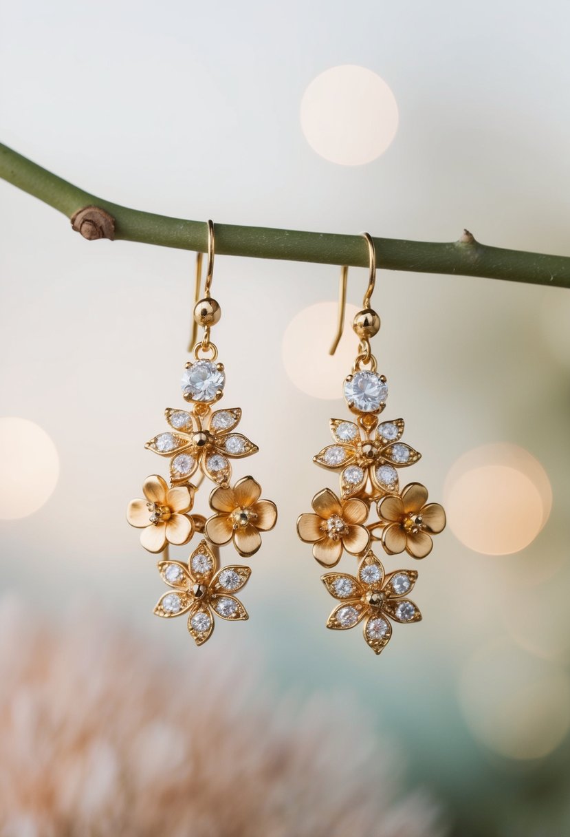 A pair of elegant gold floral drop earrings, inspired by the glamour of 1920s weddings, hanging delicately against a soft, romantic backdrop