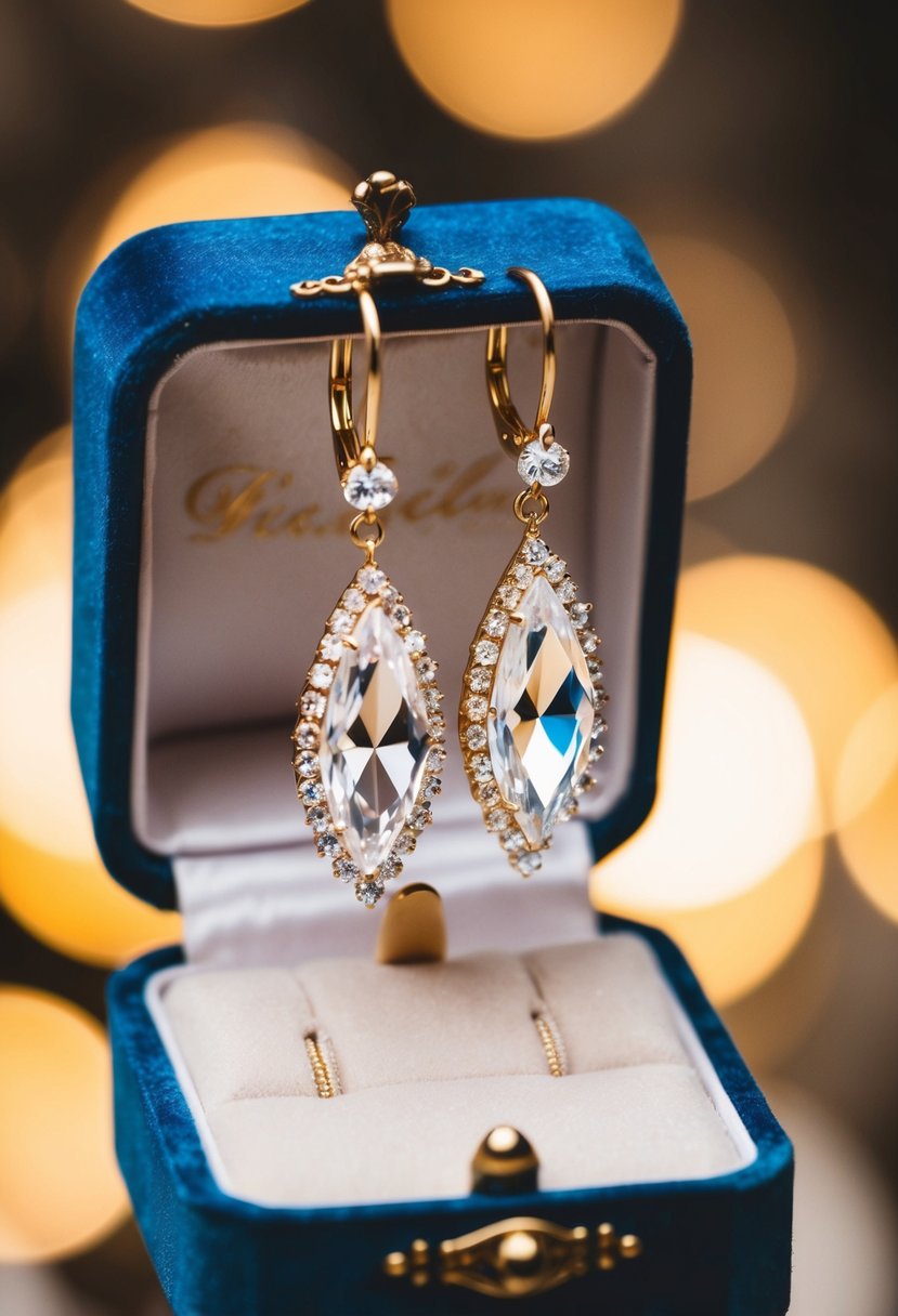 A pair of sparkling crystal statement earrings hanging from a vintage velvet jewelry box, surrounded by soft warm light