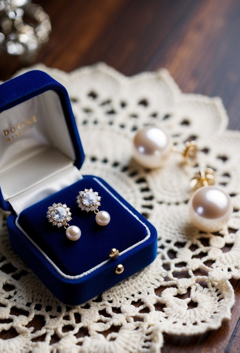 A velvet jewelry box with vintage pearl and diamond earrings on a lace doily