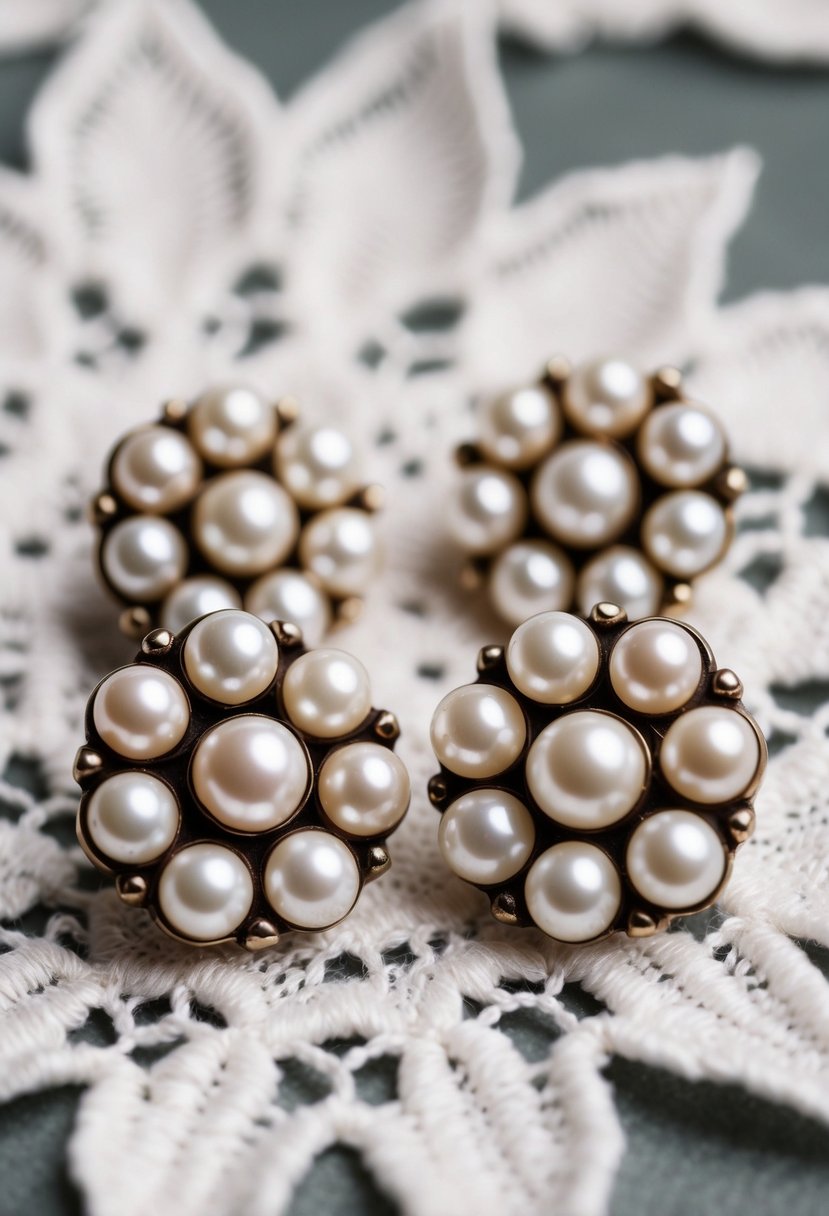 A close-up of vintage pearl cluster studs on a lace background