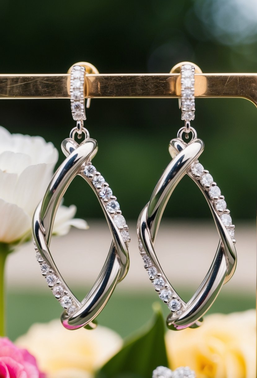 A pair of Eternity Knot Diamond Hoops dangle from a vintage-inspired earring display, evoking 70s wedding elegance and symbolic meaning