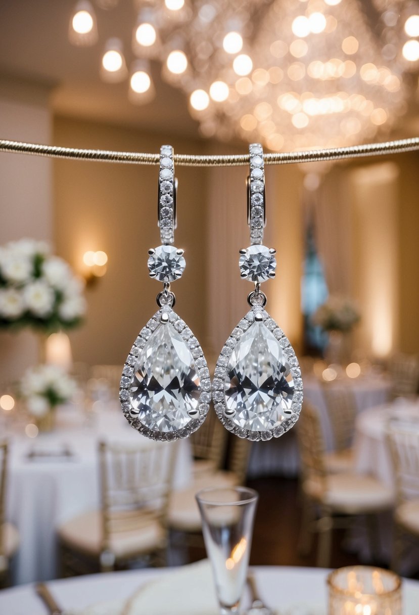 A pair of diamond teardrop earrings glimmering under the soft light of a 1920s wedding reception, surrounded by elegant decor and vintage glamour