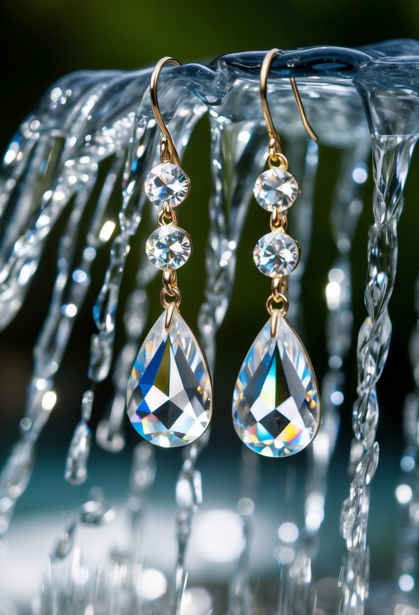 Crystal earrings dangle from a sparkling waterfall, catching the light as they sway gently in the breeze