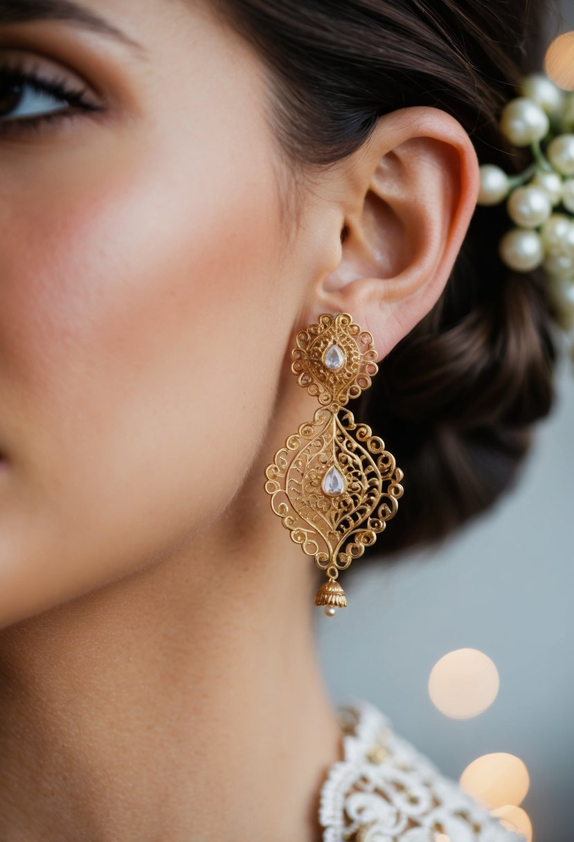 A close-up of gold filigree earrings with intricate details, inspired by 70s wedding fashion