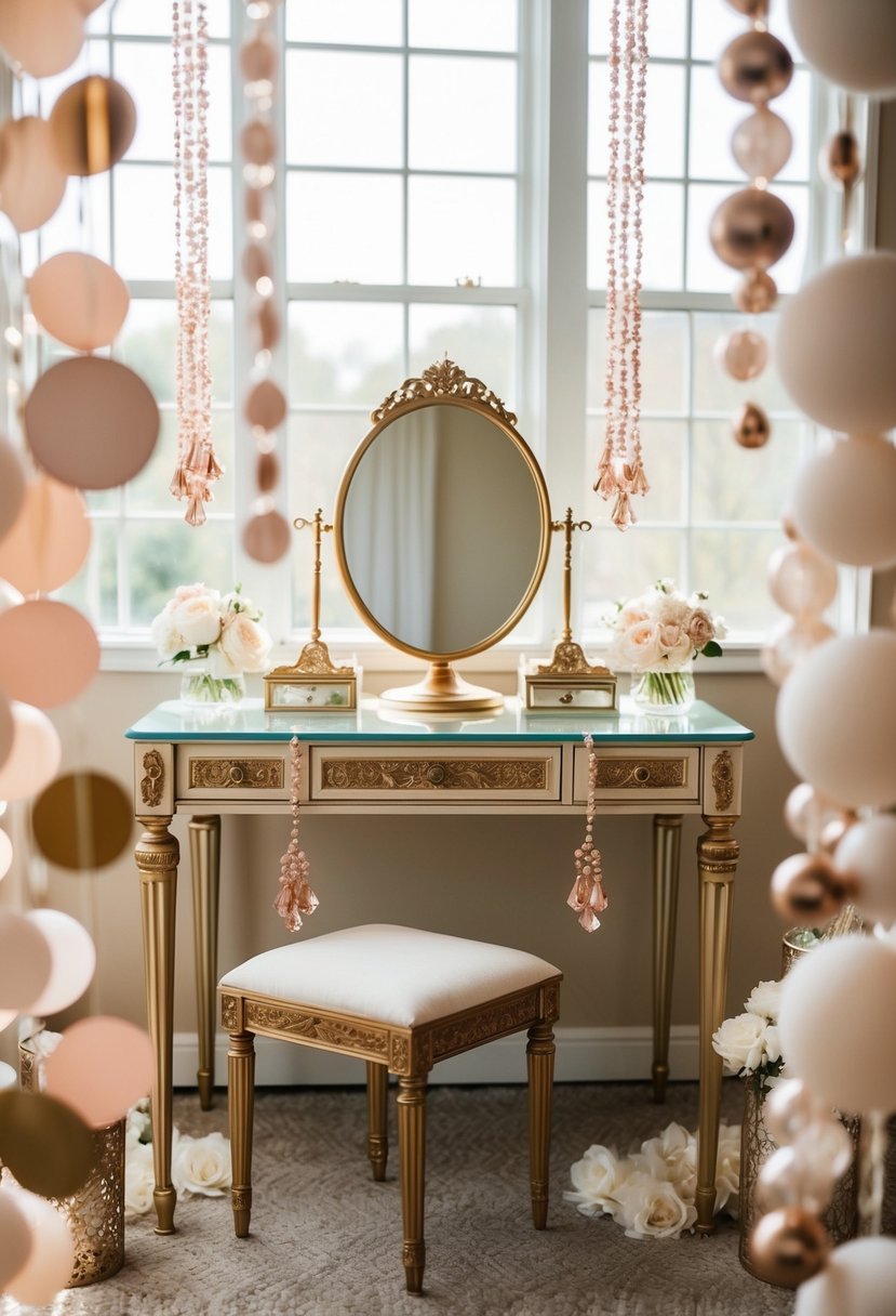 A vintage vanity table adorned with rose gold danglers, surrounded by 1920s wedding decor and accessories