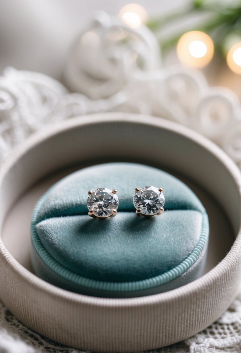 A pair of simple diamond studs resting on a velvet cushion, surrounded by soft lighting and delicate lace details