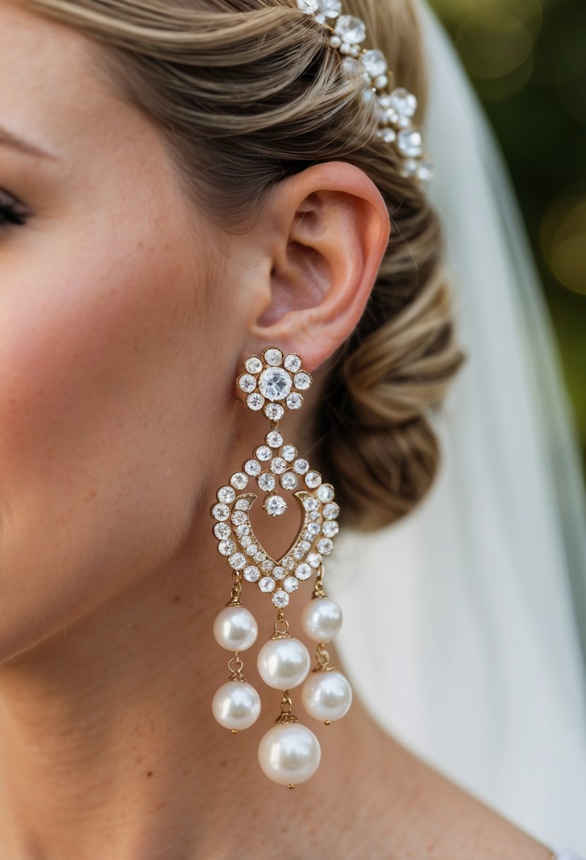 A vintage-inspired earring adorned with pearls and rhinestones, delicately hanging from a woman's ear, catching the light at a romantic wedding celebration