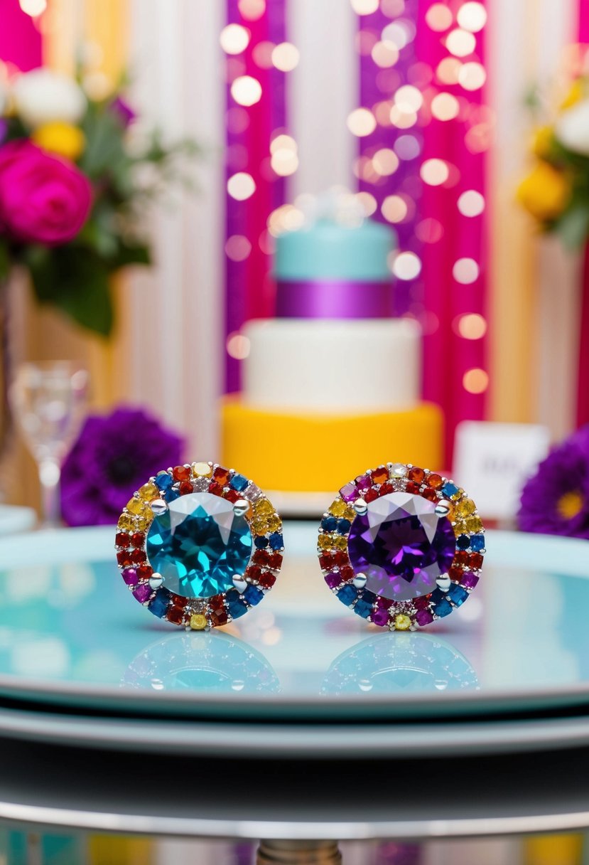 A pair of vibrant colored gemstone studs set against a backdrop of 70s-inspired wedding decor, adding a pop of color to the retro-inspired celebration