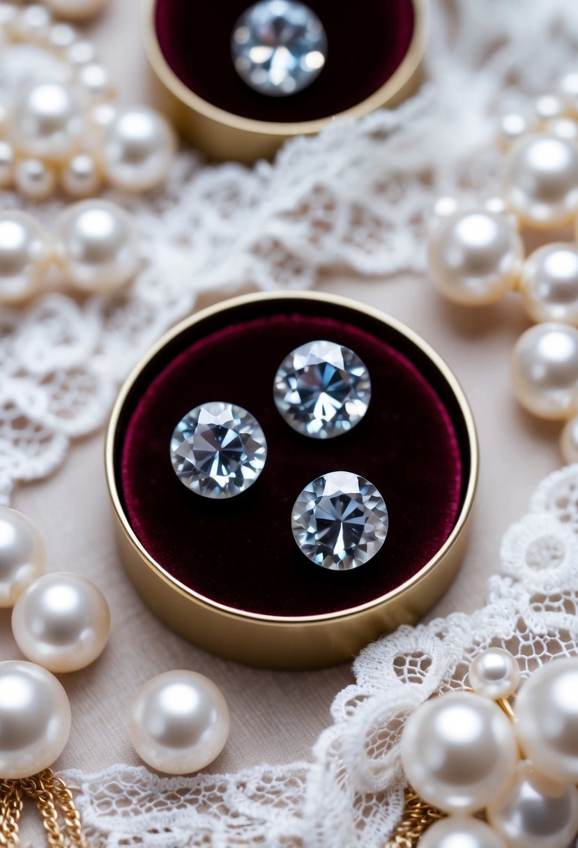 A close-up of elegant Swarovski crystal studs on a velvet background, surrounded by delicate lace and pearls