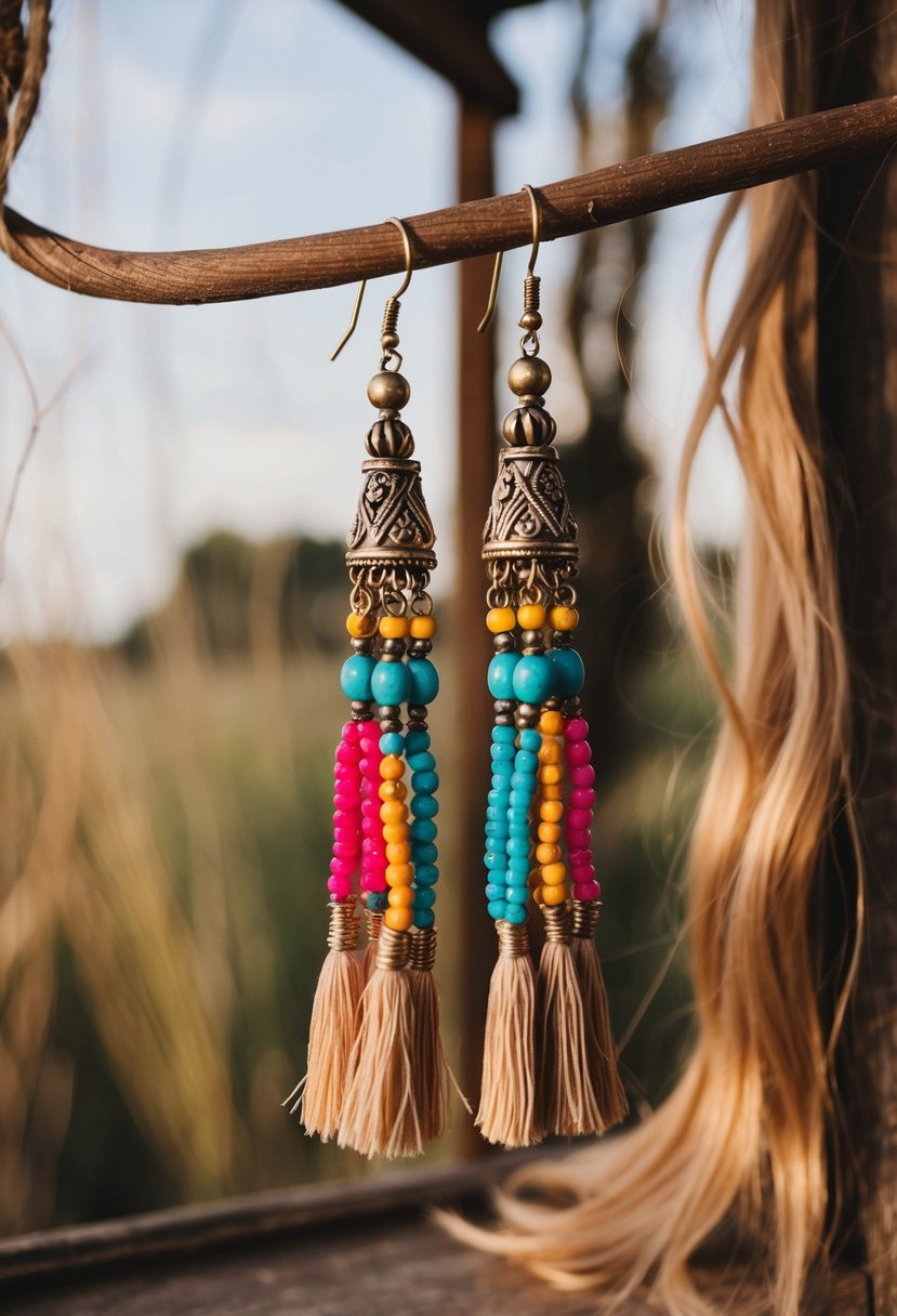 A pair of bohemian tassel earrings adorned with colorful beads, hanging from a rustic display, with loose hair flowing in the background