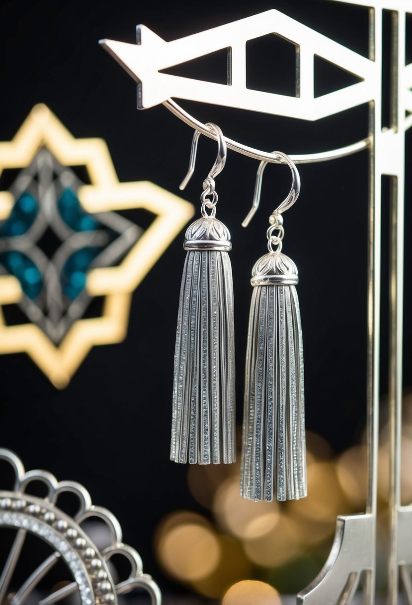 A pair of silver tassel earrings hanging from a jewelry display, surrounded by art deco design elements