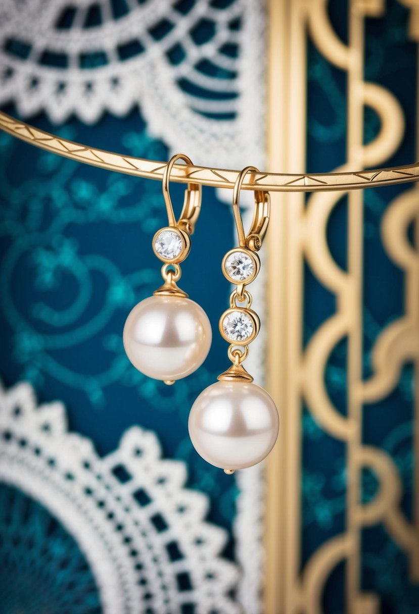 A close-up of elegant pearl drop earrings against a backdrop of art deco patterns and vintage lace