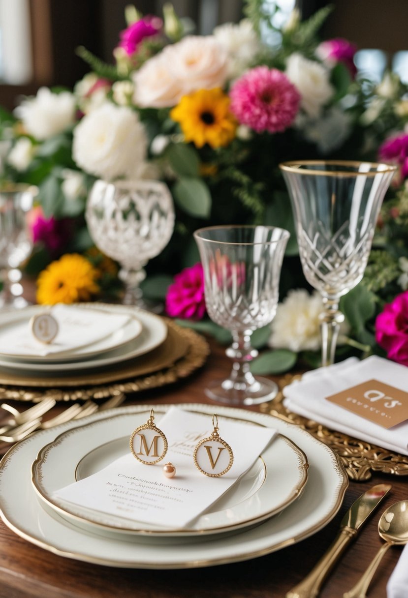 A vintage-inspired table setting with personalized initial earrings, surrounded by 70s wedding decor and floral arrangements