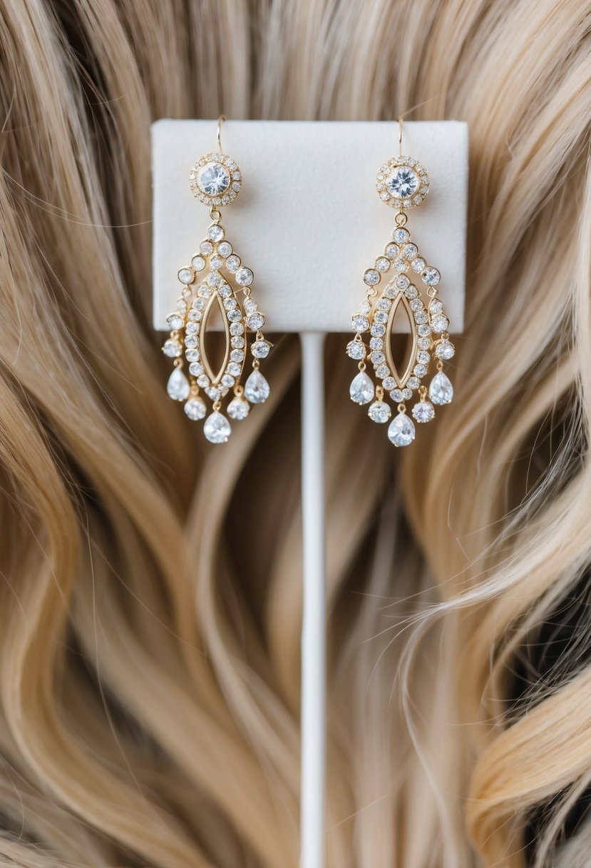 A pair of elegant chandelier earrings with sparkling rhinestones, hanging from a display, surrounded by soft, flowing hair