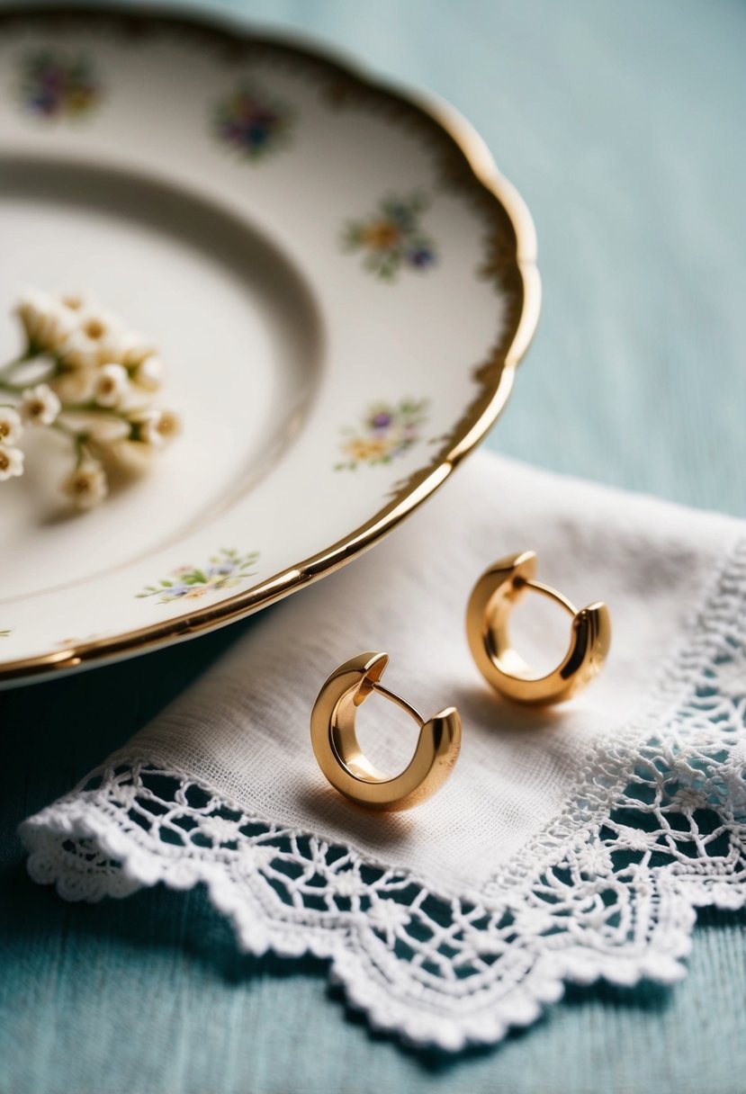 A vintage-inspired table setting with a pair of simple gold huggie earrings placed next to a delicate lace handkerchief