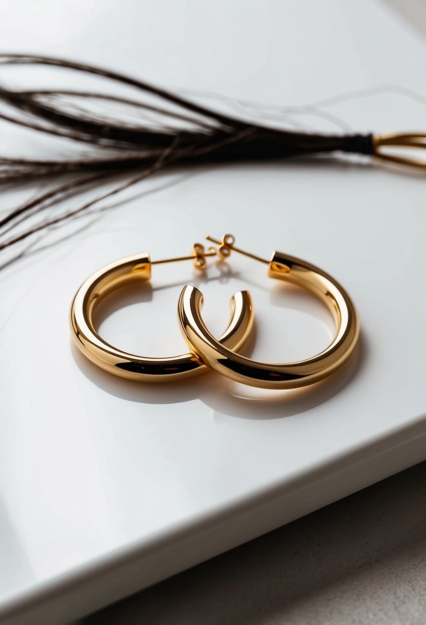 A pair of modern minimalist gold hoop earrings, resting on a sleek white surface with a few loose strands of hair scattered around them