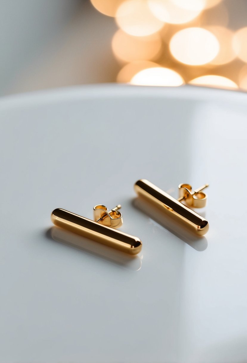 Two sleek gold bar earrings on a clean, white surface