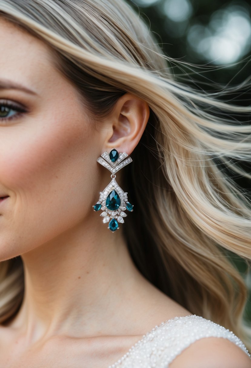 A woman's ear adorned with art deco-inspired drop earrings, featuring gemstones, with flowing hair, suggesting wedding elegance