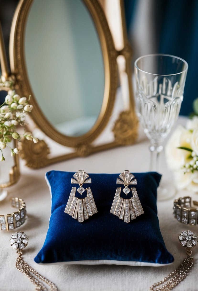 A pair of elegant Art Deco style earrings displayed on a velvet cushion, surrounded by 1920s wedding accessories and a vintage mirror