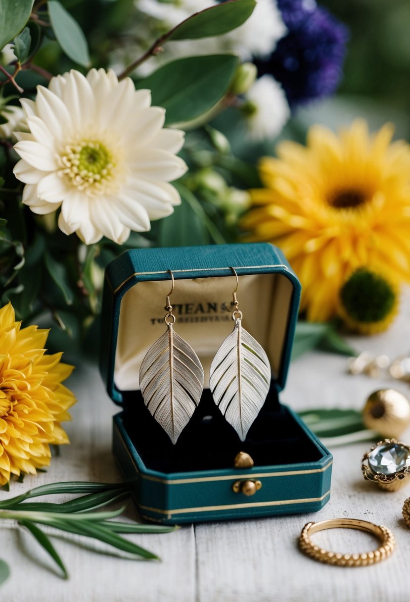 A pair of leaf-shaped earrings dangling from a vintage jewelry box, surrounded by botanical elements and 70s wedding decor