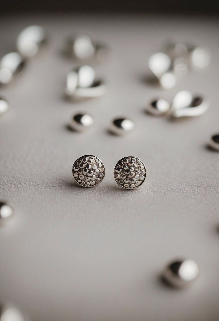 A close-up of minimalist silver studs on a velvet background, evoking a 1920s wedding aesthetic