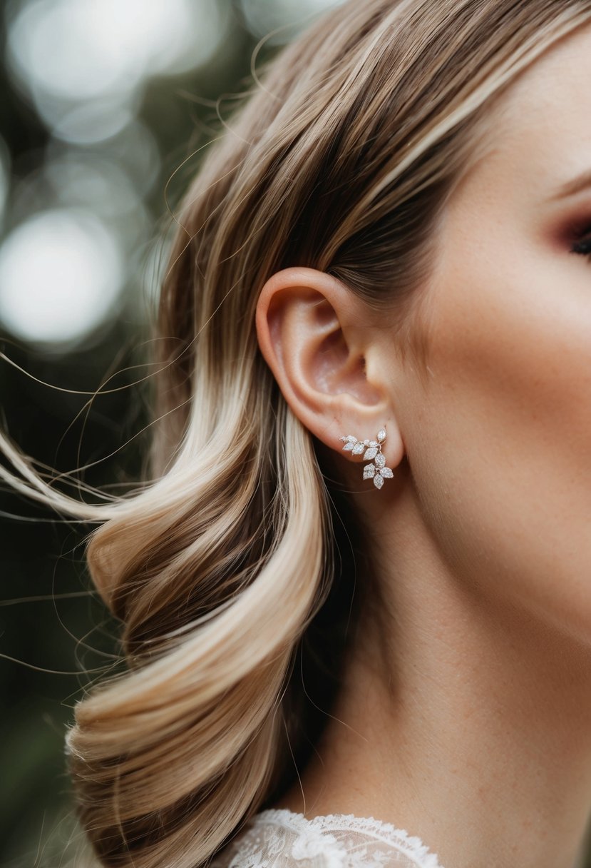 A close-up of elegant huggie earrings with small diamonds, styled with flowing hair, evoking wedding elegance