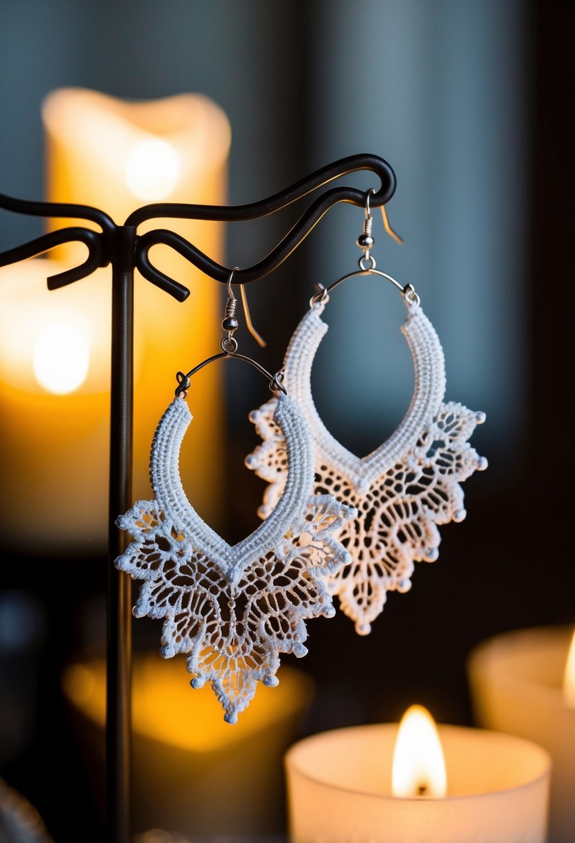 Delicate lace-inspired earrings dangle from a jewelry stand, casting intricate shadows in soft candlelight