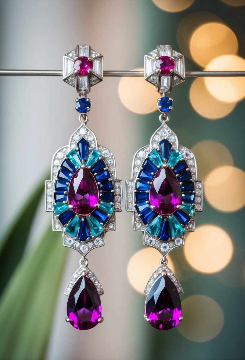 A pair of 1920s-inspired wedding earrings featuring colorful gemstone drops in a luxurious setting with art deco accents