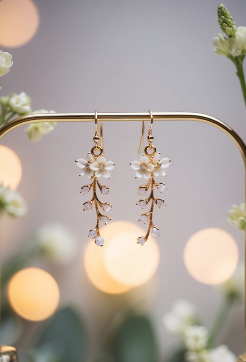 A pair of delicate floral earrings dangle from a display, surrounded by soft, romantic lighting