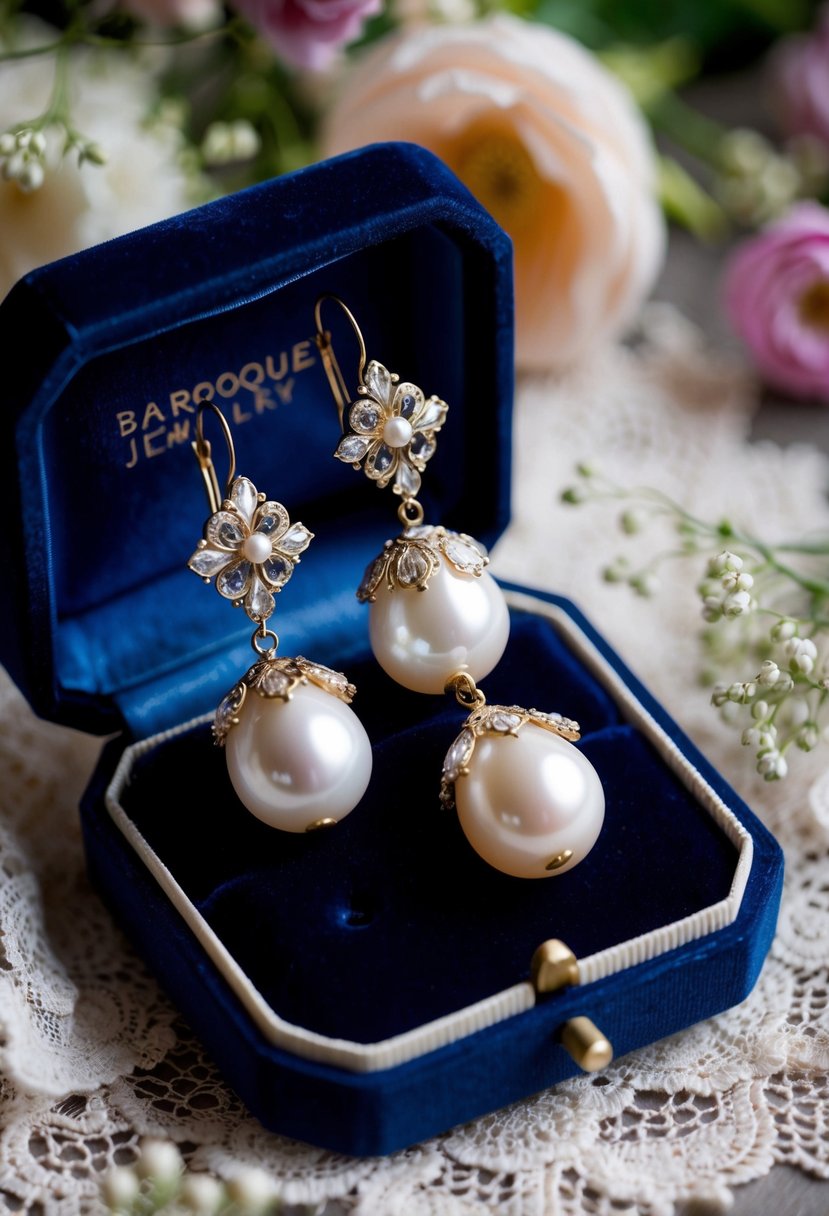 A pair of ornate baroque pearl danglers dangle from a velvet jewelry box, surrounded by vintage lace and delicate floral accents