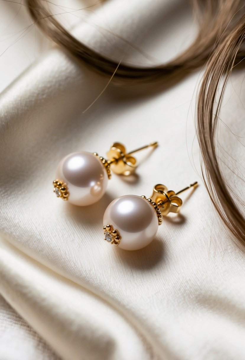 A pair of classic pearl earrings with delicate gold accents, laying on a soft, satin background, with loose strands of hair framing the edges