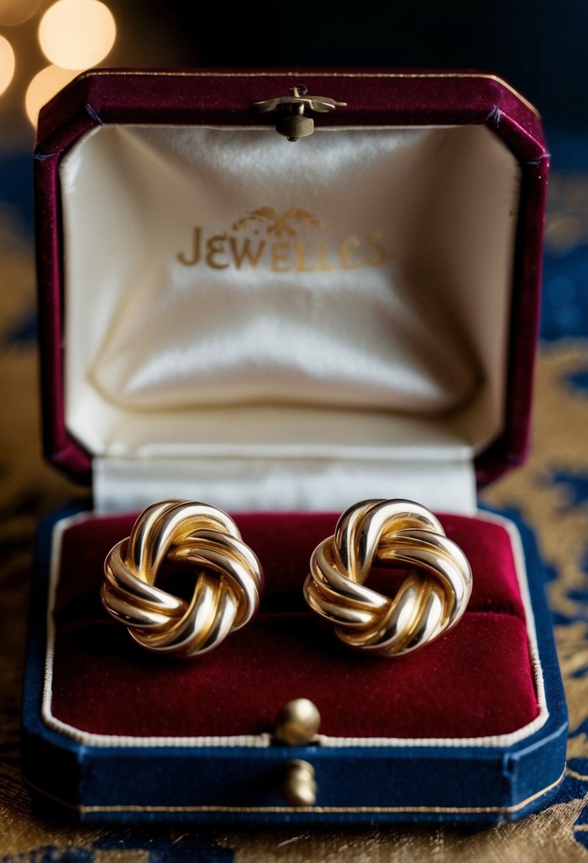 Two elegant gold knot earrings from the 1920s, displayed on a velvet cushion in a vintage jewelry box