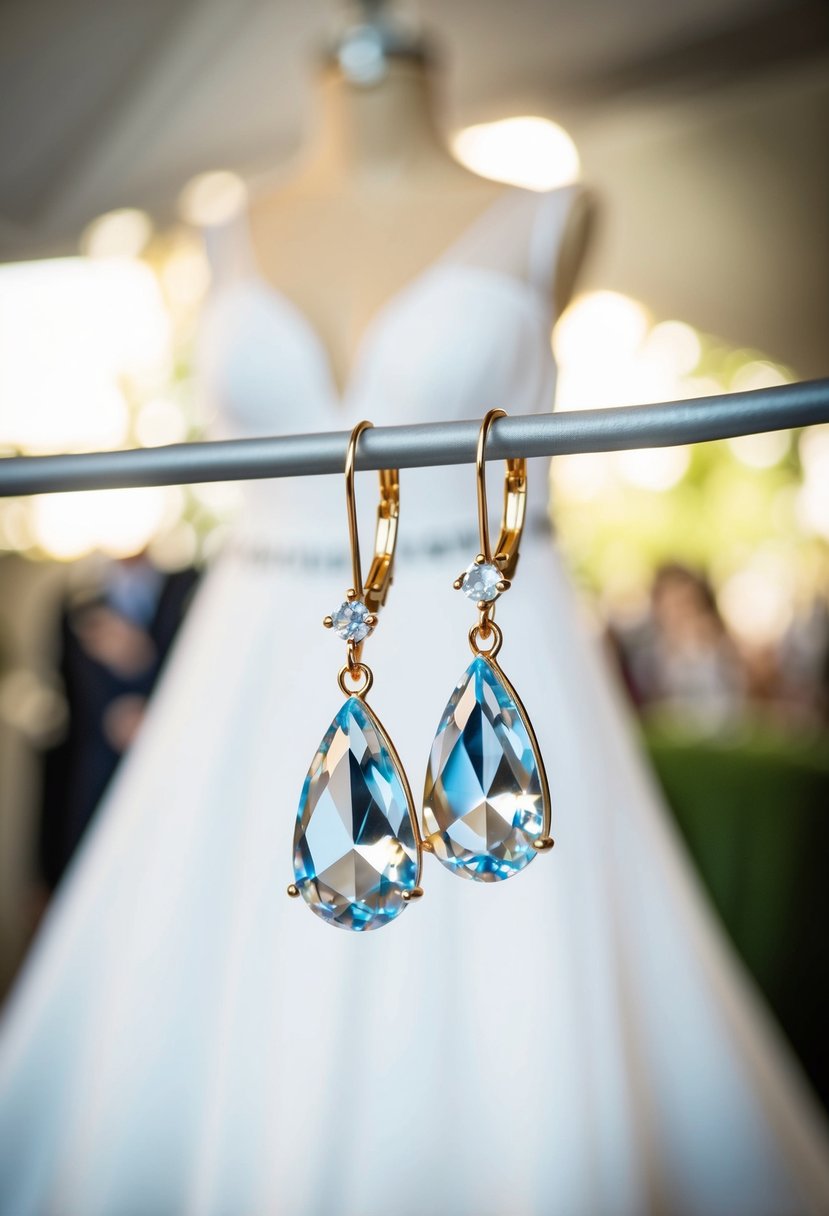 A pair of crystal teardrop earrings shining under soft lighting, with a wedding dress in the background