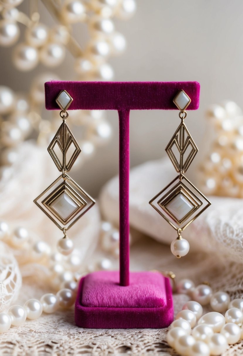 A pair of art deco-inspired geometric shape earrings displayed on a velvet-lined jewelry stand, surrounded by delicate lace and pearls