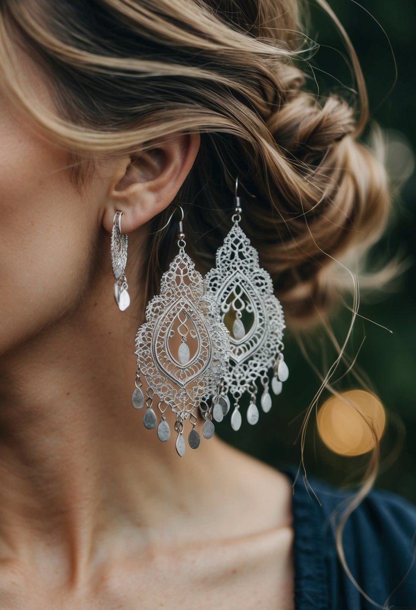 Delicate metalwork earrings dangle from a flowing tangle of hair, inspired by intricate lace designs