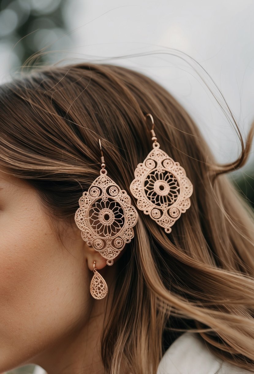 A close-up of rose gold filigree earrings, surrounded by flowing hair, evoking a wedding atmosphere