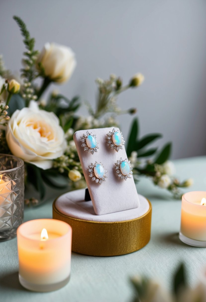 Opal wedding earrings on a velvet display, surrounded by soft candlelight and delicate floral arrangements