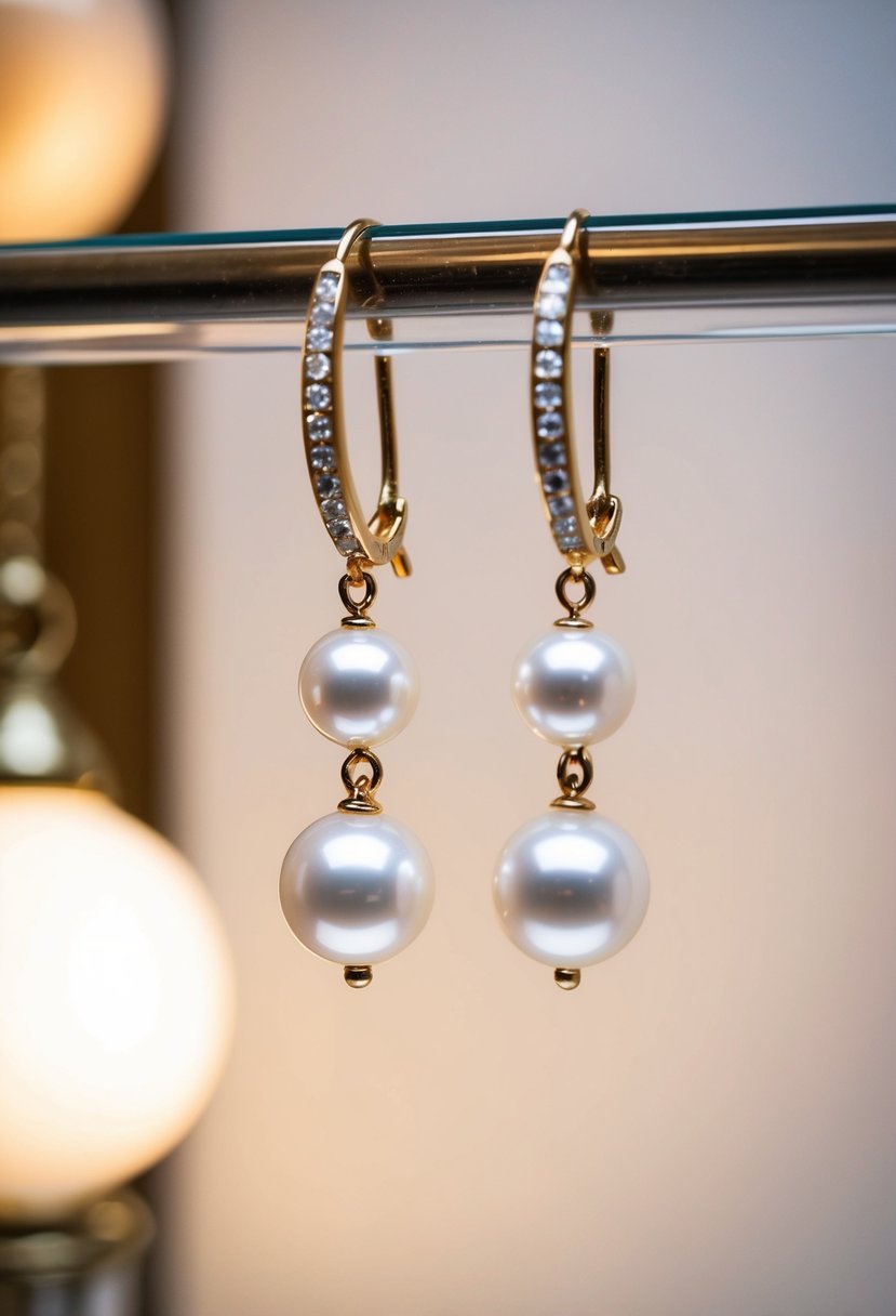 A pair of elegant pearl earrings dangle from a display, with soft lighting highlighting their timeless beauty