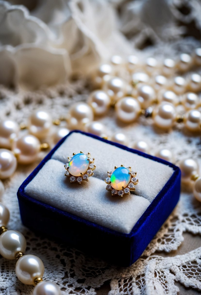 Two opal studs on a velvet cushion, surrounded by delicate lace and vintage pearls