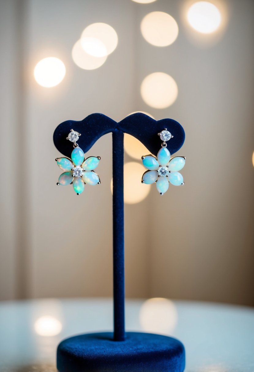 A pair of opal and diamond bloom earrings displayed on a velvet jewelry stand under soft, natural lighting