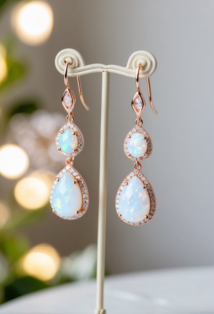 Rose gold and white opal dangles hanging from an elegant earring stand, with soft lighting highlighting their shimmering beauty