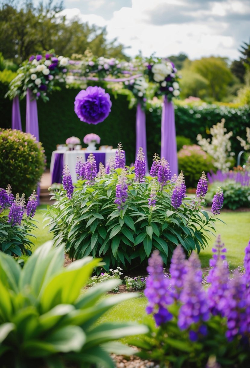 A lush garden with purple flowers and green foliage, adorned with purple and green decorations for a wedding celebration