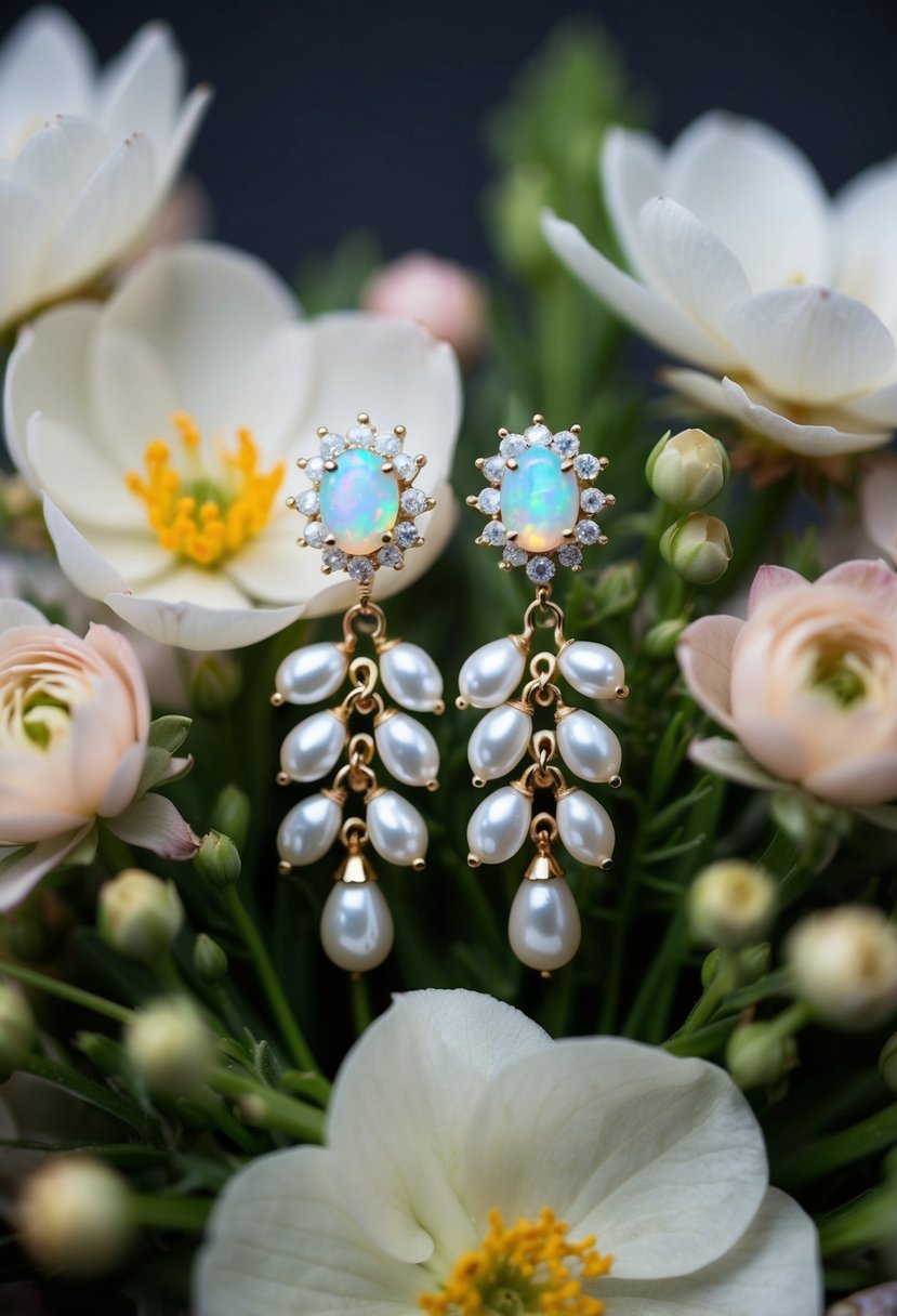 A pair of opal and pearl cluster drop earrings nestled among delicate floral arrangements