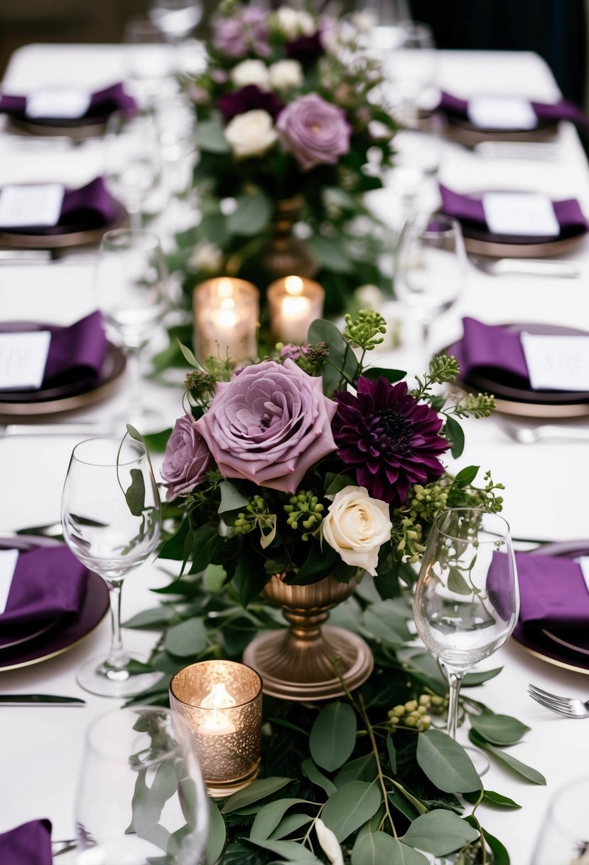 A table adorned with mauve purple and green centerpieces, featuring flowers and foliage, creating a romantic and elegant atmosphere for a wedding celebration