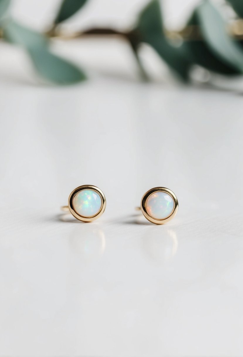 Two small opal studs on a white background, with soft lighting to highlight their minimalist design