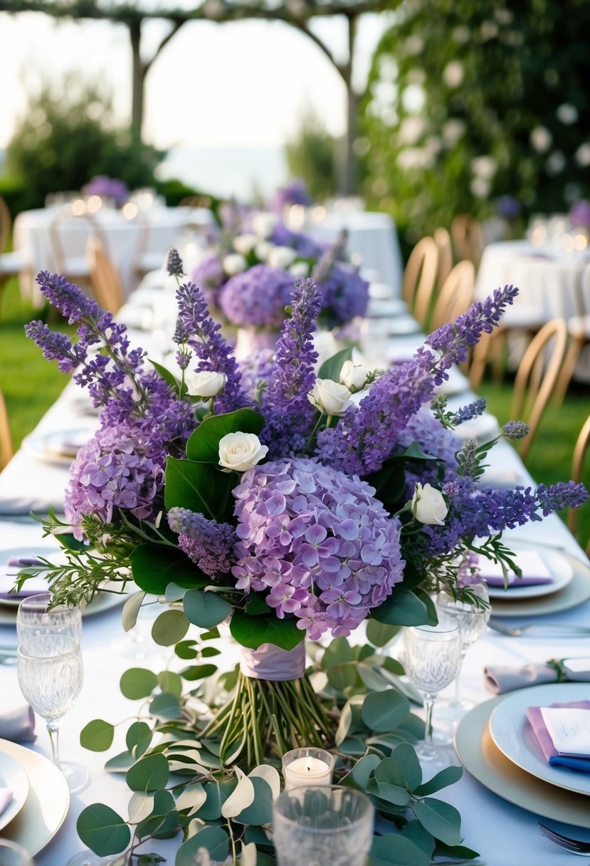 A table adorned with lavender and lilac bouquets, surrounded by greenery, set for a wedding celebration