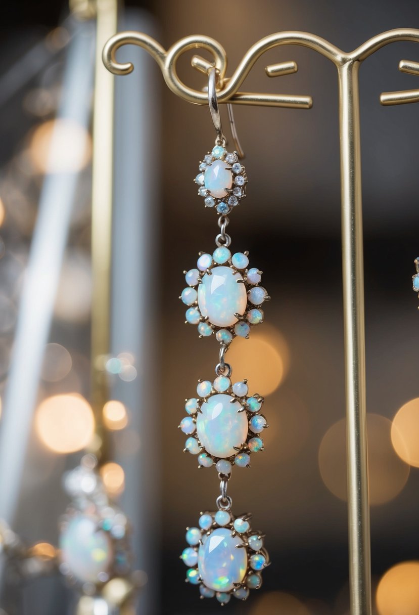 A vintage-inspired opal chandelier earring dangles delicately from a display stand, catching the light and showcasing its iridescent beauty